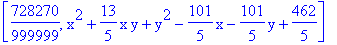 [728270/999999, x^2+13/5*x*y+y^2-101/5*x-101/5*y+462/5]